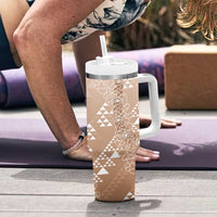 Hawaii Beige Kapa Tumbler With Handle Vintage 'Ohe Kāpala Motifs Mix Plumeria Leis
