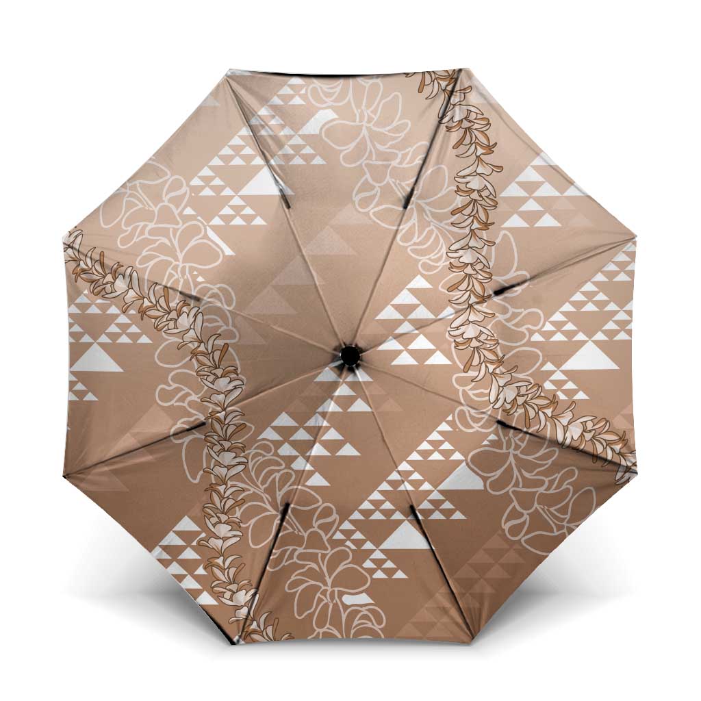 Hawaii Beige Kapa Umbrella Vintage 'Ohe Kāpala Motifs Mix Plumeria Leis LT7 One Size Folded 11.42 inch Opened Diameter 37.4 inch Beige - Polynesian Pride