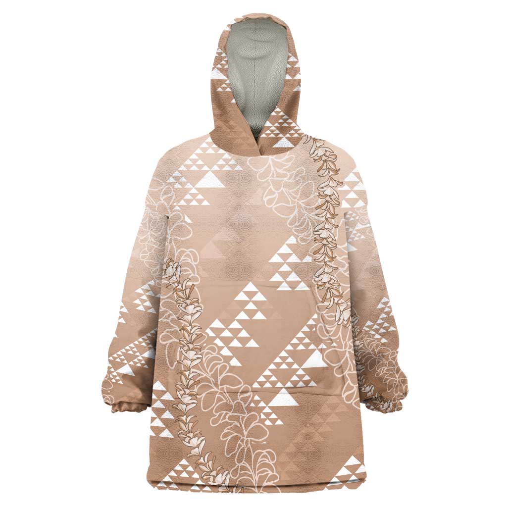Hawaii Beige Kapa Wearable Blanket Hoodie Vintage 'Ohe Kāpala Motifs Mix Plumeria Leis LT7 One Size Beige - Polynesian Pride