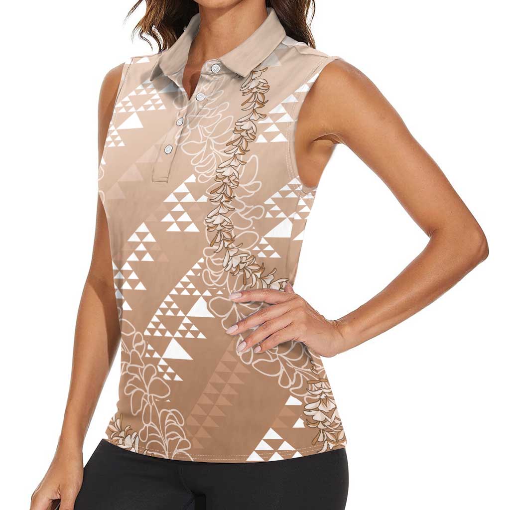 Hawaii Beige Kapa Women Sleeveless Polo Shirt Vintage 'Ohe Kāpala Motifs Mix Plumeria Leis