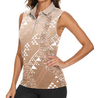 Hawaii Beige Kapa Women Sleeveless Polo Shirt Vintage 'Ohe Kāpala Motifs Mix Plumeria Leis