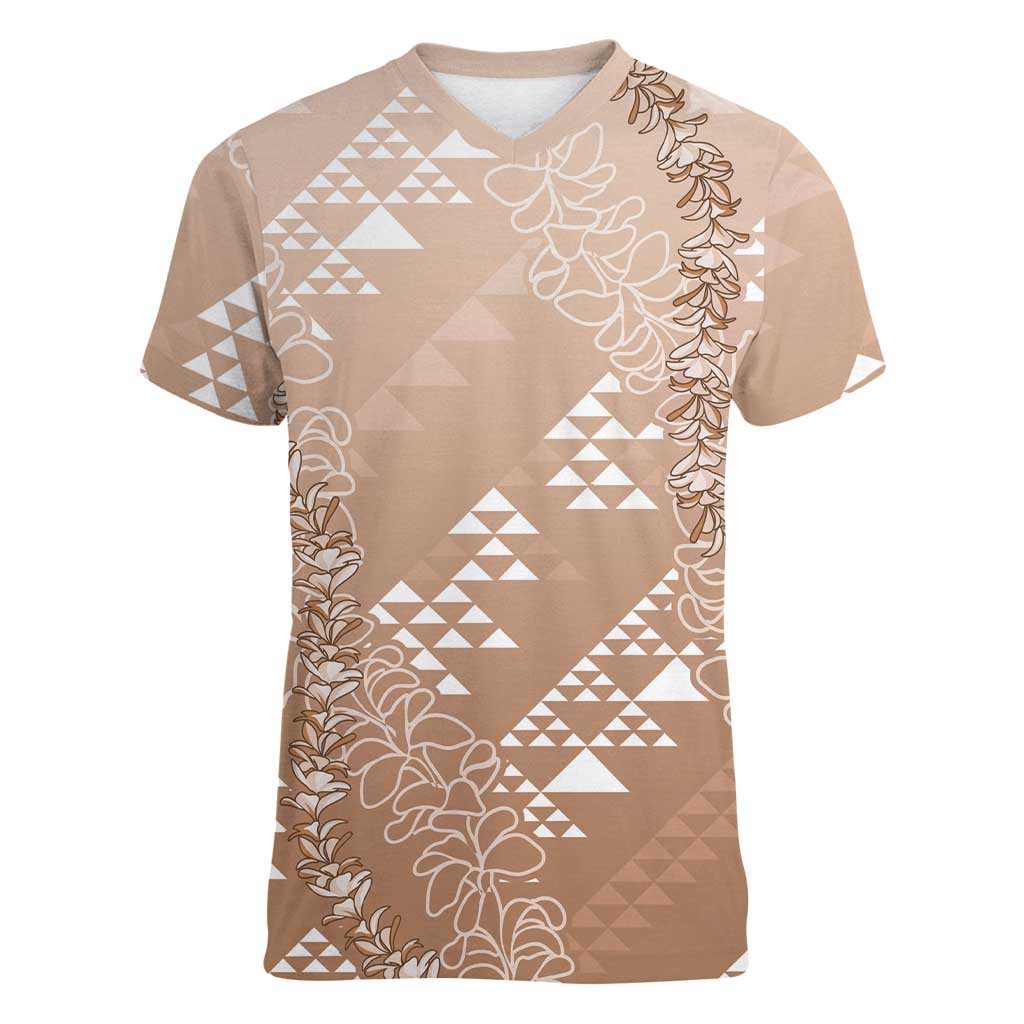 Hawaii Beige Kapa Women V-Neck T-Shirt Vintage 'Ohe Kāpala Motifs Mix Plumeria Leis LT7 Female Beige - Polynesian Pride