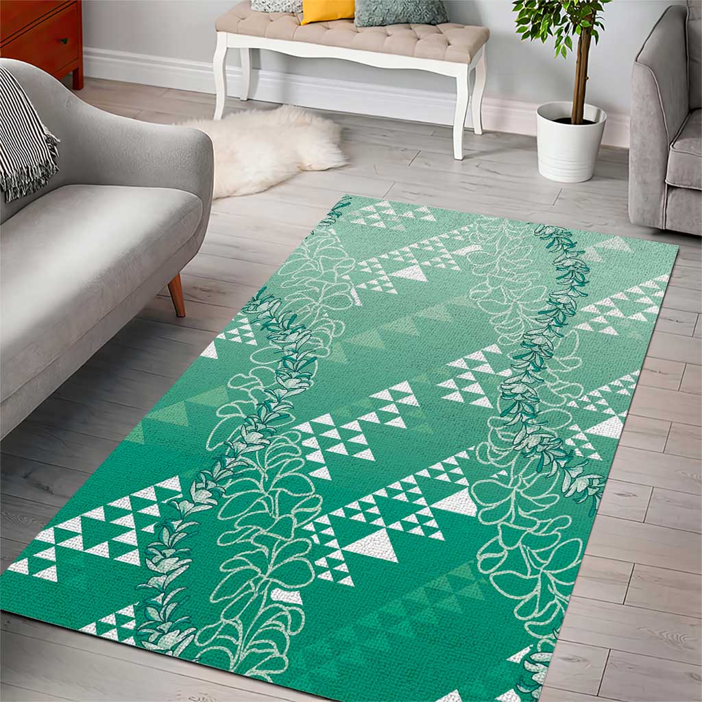 Hawaii Jade Green Kapa Area Rug Vintage 'Ohe Kāpala Motifs Mix Plumeria Leis