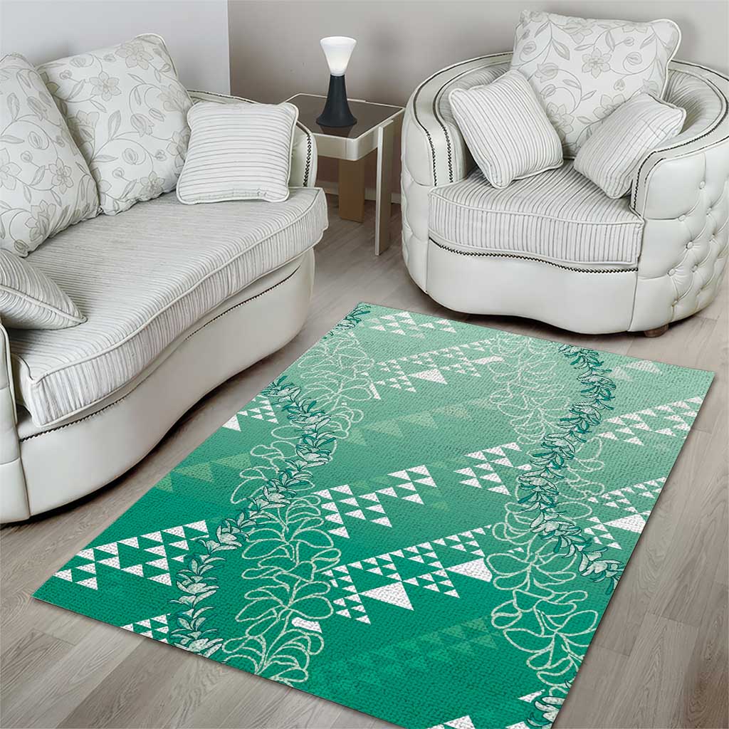 Hawaii Jade Green Kapa Area Rug Vintage 'Ohe Kāpala Motifs Mix Plumeria Leis