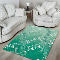 Hawaii Jade Green Kapa Area Rug Vintage 'Ohe Kāpala Motifs Mix Plumeria Leis