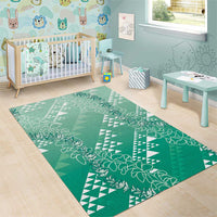 Hawaii Jade Green Kapa Area Rug Vintage 'Ohe Kāpala Motifs Mix Plumeria Leis