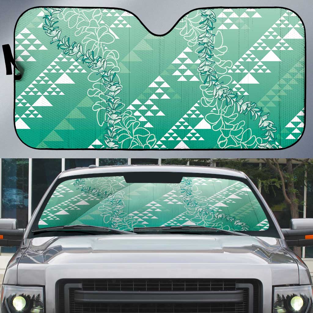 Hawaii Jade Green Kapa Auto Sun Shade Vintage 'Ohe Kāpala Motifs Mix Plumeria Leis LT7 Jade Green - Polynesian Pride