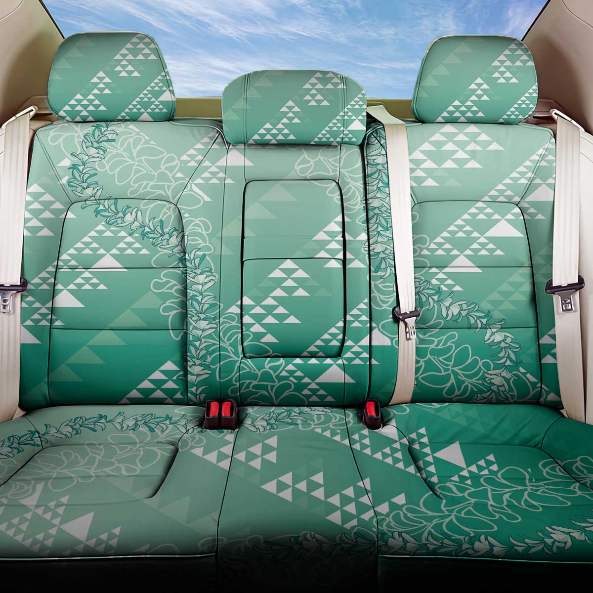 Hawaii Jade Green Kapa Back Car Seat Cover Vintage 'Ohe Kāpala Motifs Mix Plumeria Leis
