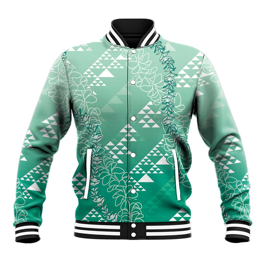 Hawaii Jade Green Kapa Baseball Jacket Vintage 'Ohe Kāpala Motifs Mix Plumeria Leis LT7 Unisex Jade Green - Polynesian Pride