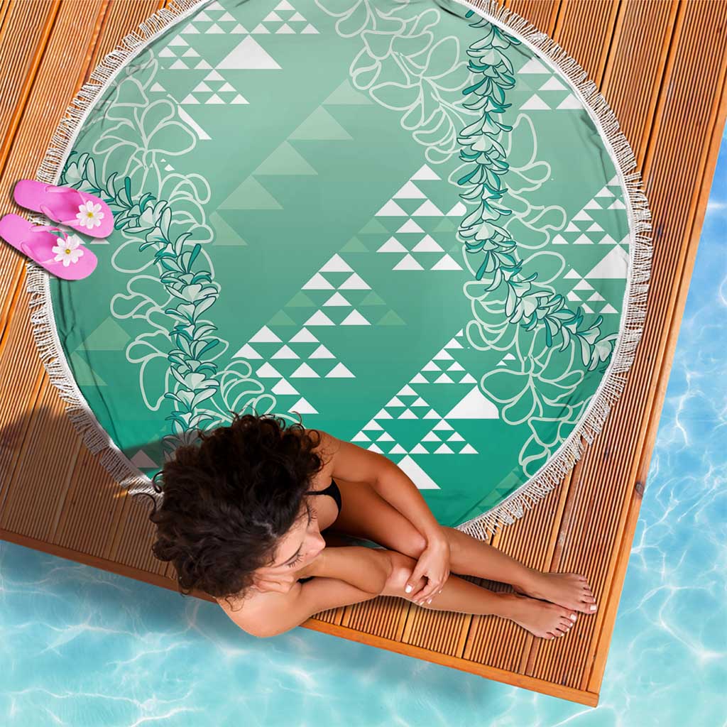 Hawaii Jade Green Kapa Beach Blanket Vintage 'Ohe Kāpala Motifs Mix Plumeria Leis LT7 - Polynesian Pride