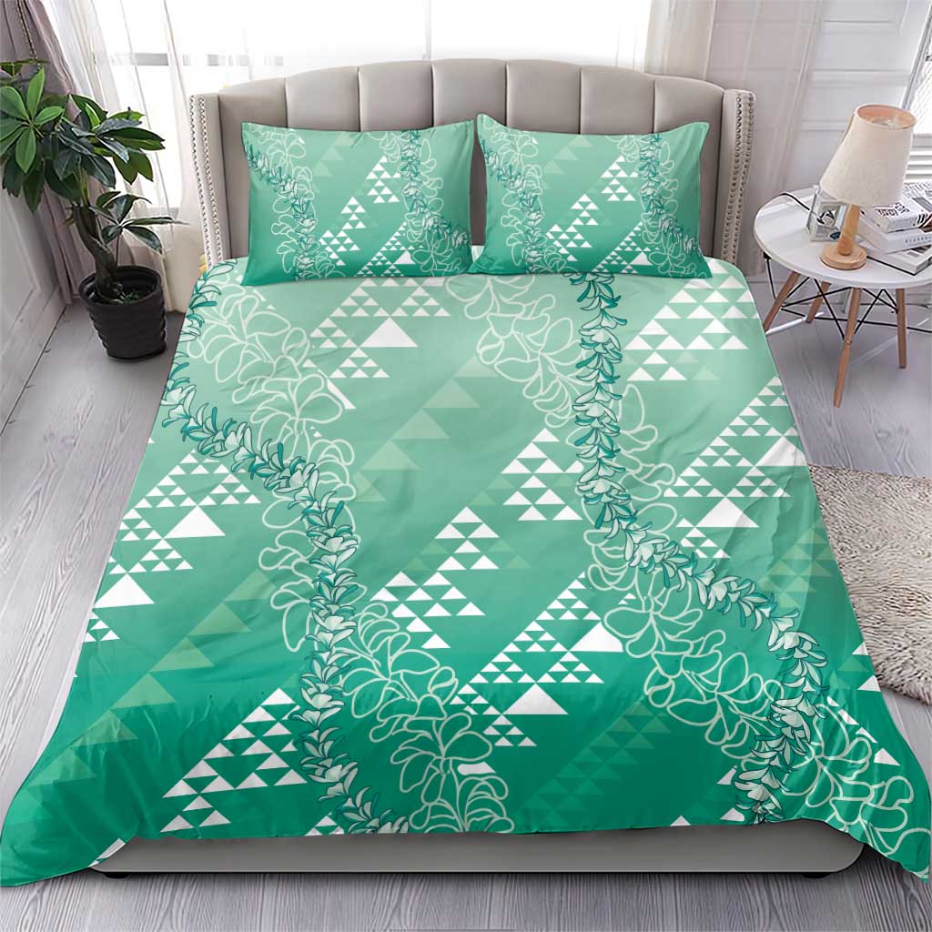 Hawaii Jade Green Kapa Bedding Set Vintage 'Ohe Kāpala Motifs Mix Plumeria Leis LT7 - Polynesian Pride