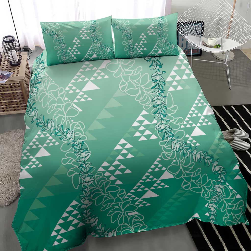 Hawaii Jade Green Kapa Bedding Set Vintage 'Ohe Kāpala Motifs Mix Plumeria Leis LT7 - Polynesian Pride