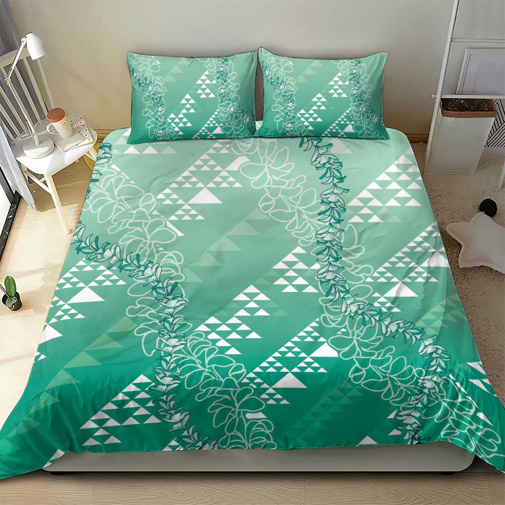 Hawaii Jade Green Kapa Bedding Set Vintage 'Ohe Kāpala Motifs Mix Plumeria Leis LT7 - Polynesian Pride