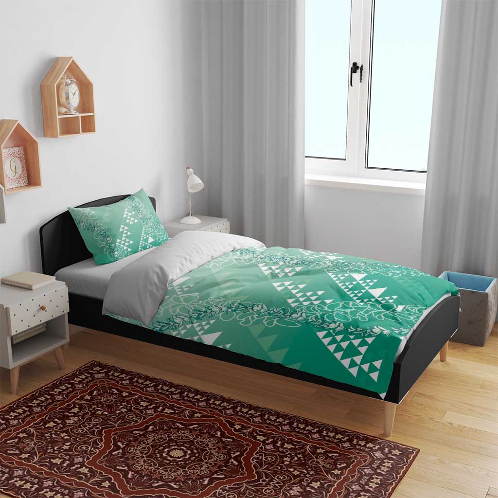 Hawaii Jade Green Kapa Bedding Set Vintage 'Ohe Kāpala Motifs Mix Plumeria Leis LT7 - Polynesian Pride