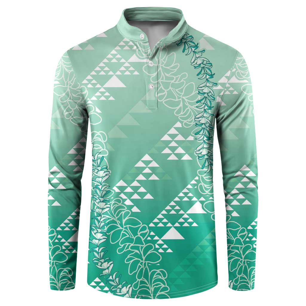 Hawaii Jade Green Kapa Button Sweatshirt Vintage 'Ohe Kāpala Motifs Mix Plumeria Leis