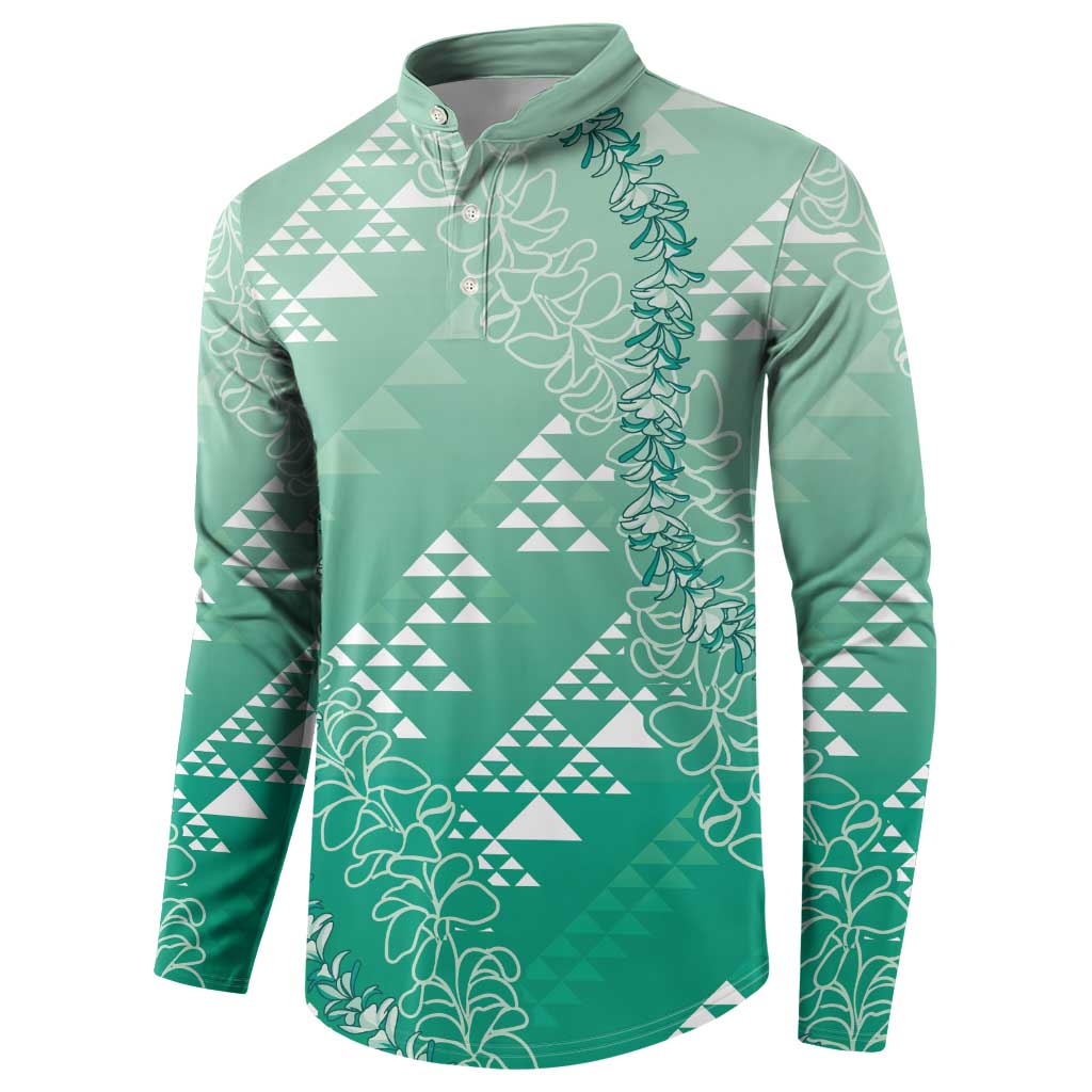 Hawaii Jade Green Kapa Button Sweatshirt Vintage 'Ohe Kāpala Motifs Mix Plumeria Leis