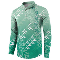 Hawaii Jade Green Kapa Button Sweatshirt Vintage 'Ohe Kāpala Motifs Mix Plumeria Leis