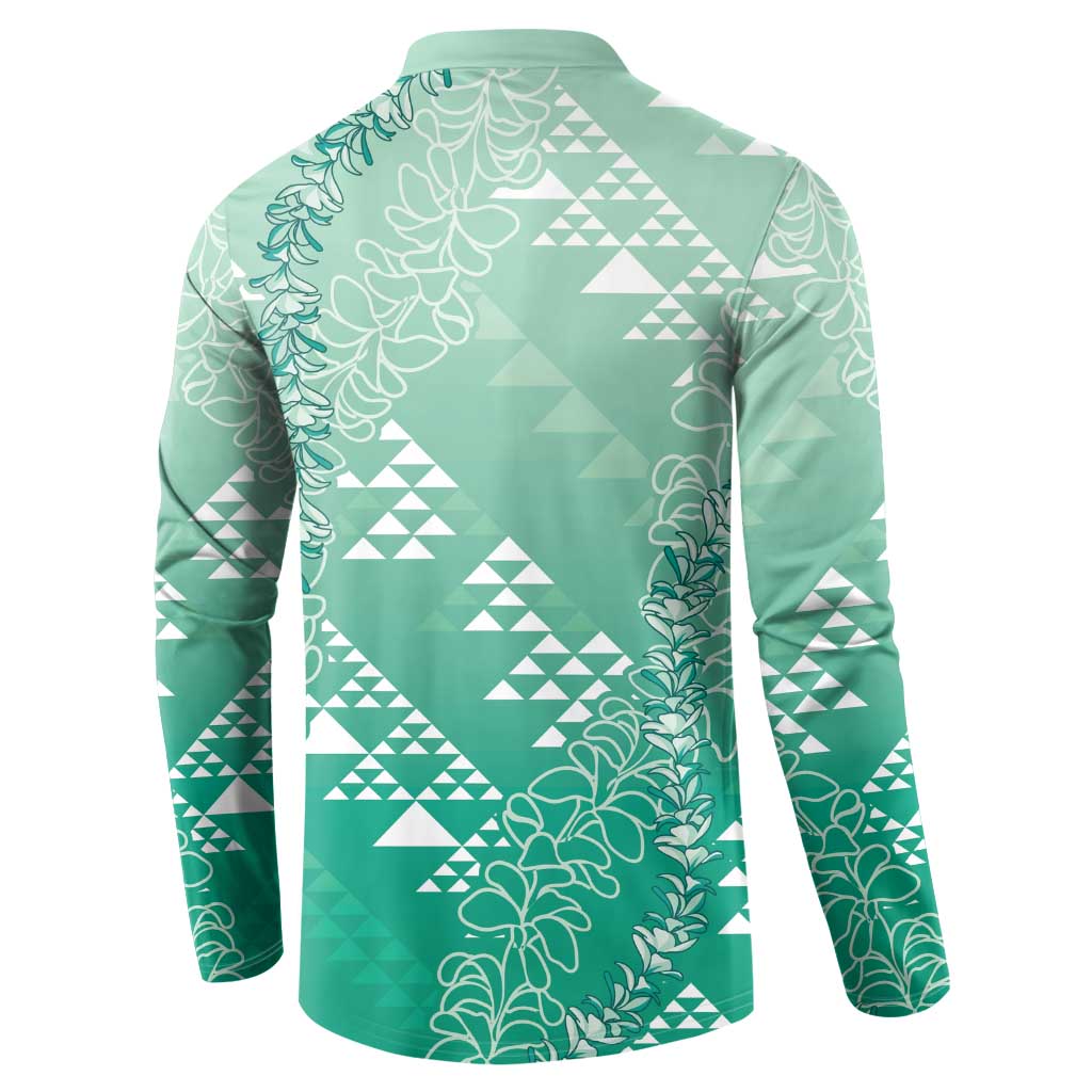 Hawaii Jade Green Kapa Button Sweatshirt Vintage 'Ohe Kāpala Motifs Mix Plumeria Leis