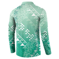 Hawaii Jade Green Kapa Button Sweatshirt Vintage 'Ohe Kāpala Motifs Mix Plumeria Leis
