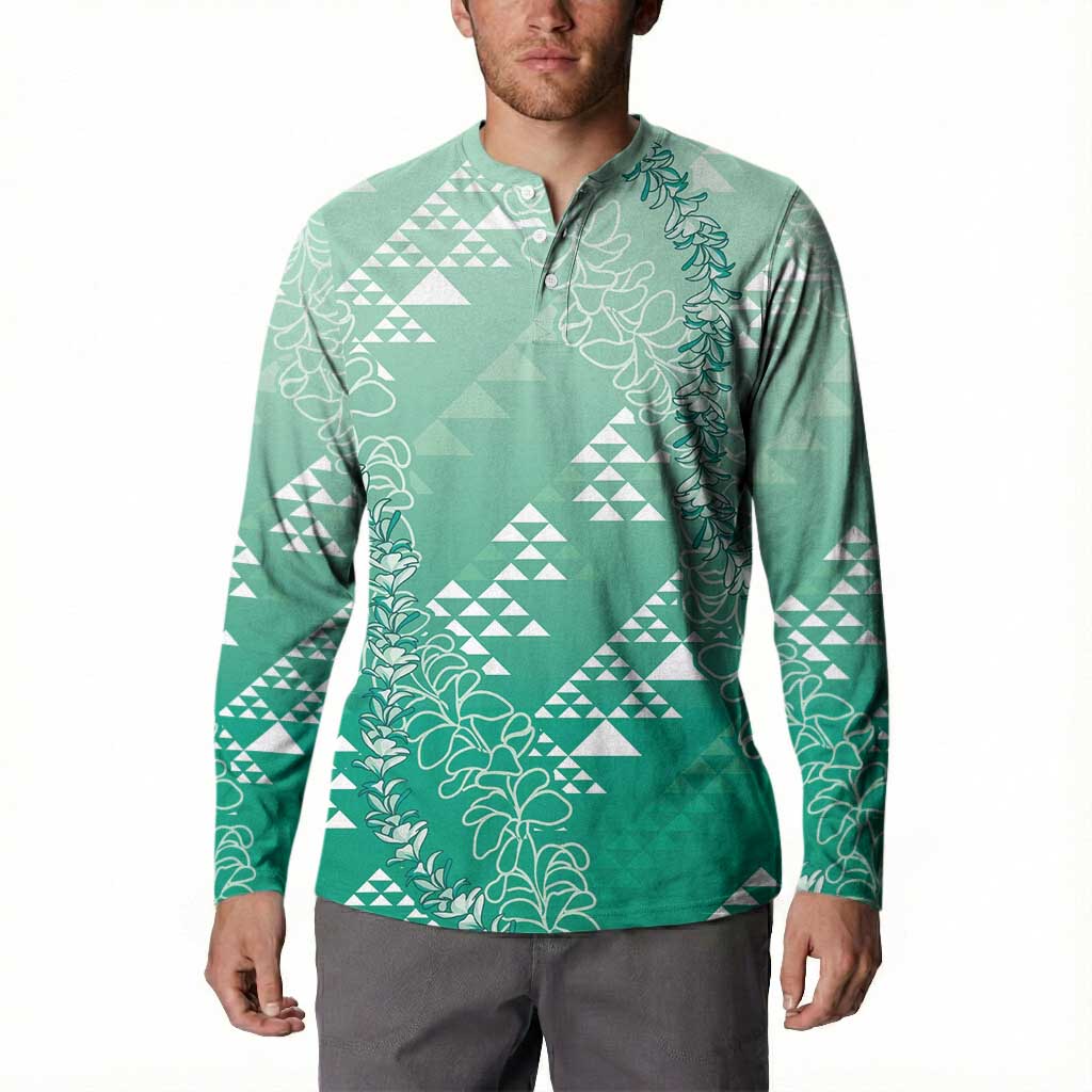Hawaii Jade Green Kapa Button Sweatshirt Vintage 'Ohe Kāpala Motifs Mix Plumeria Leis