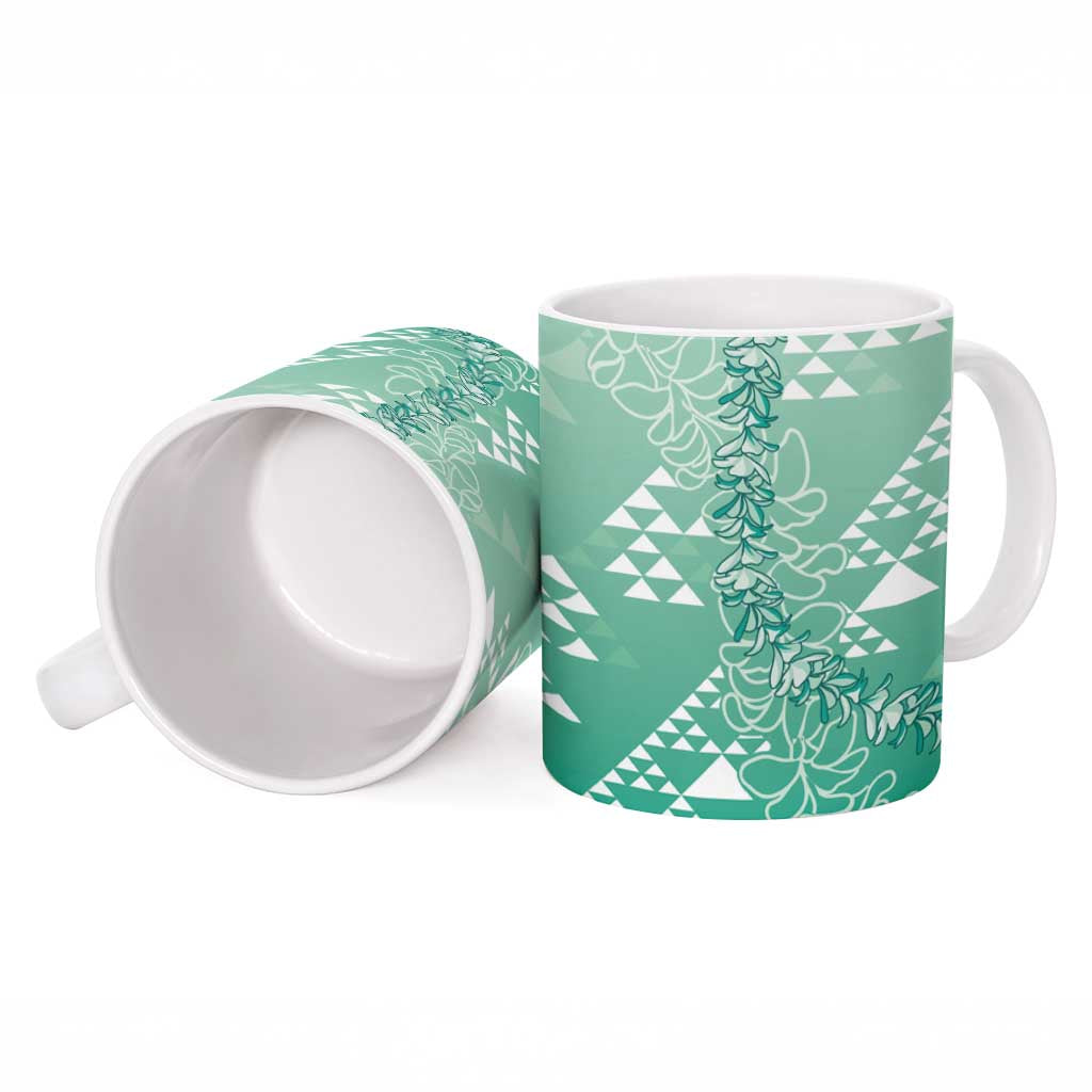 Hawaii Jade Green Kapa Ceramic Mug Vintage 'Ohe Kāpala Motifs Mix Plumeria Leis LT7 - Polynesian Pride