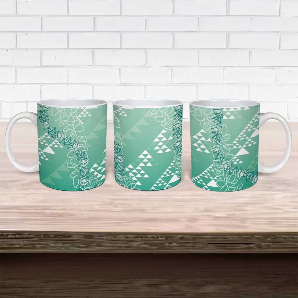 Hawaii Jade Green Kapa Ceramic Mug Vintage 'Ohe Kāpala Motifs Mix Plumeria Leis LT7 - Polynesian Pride