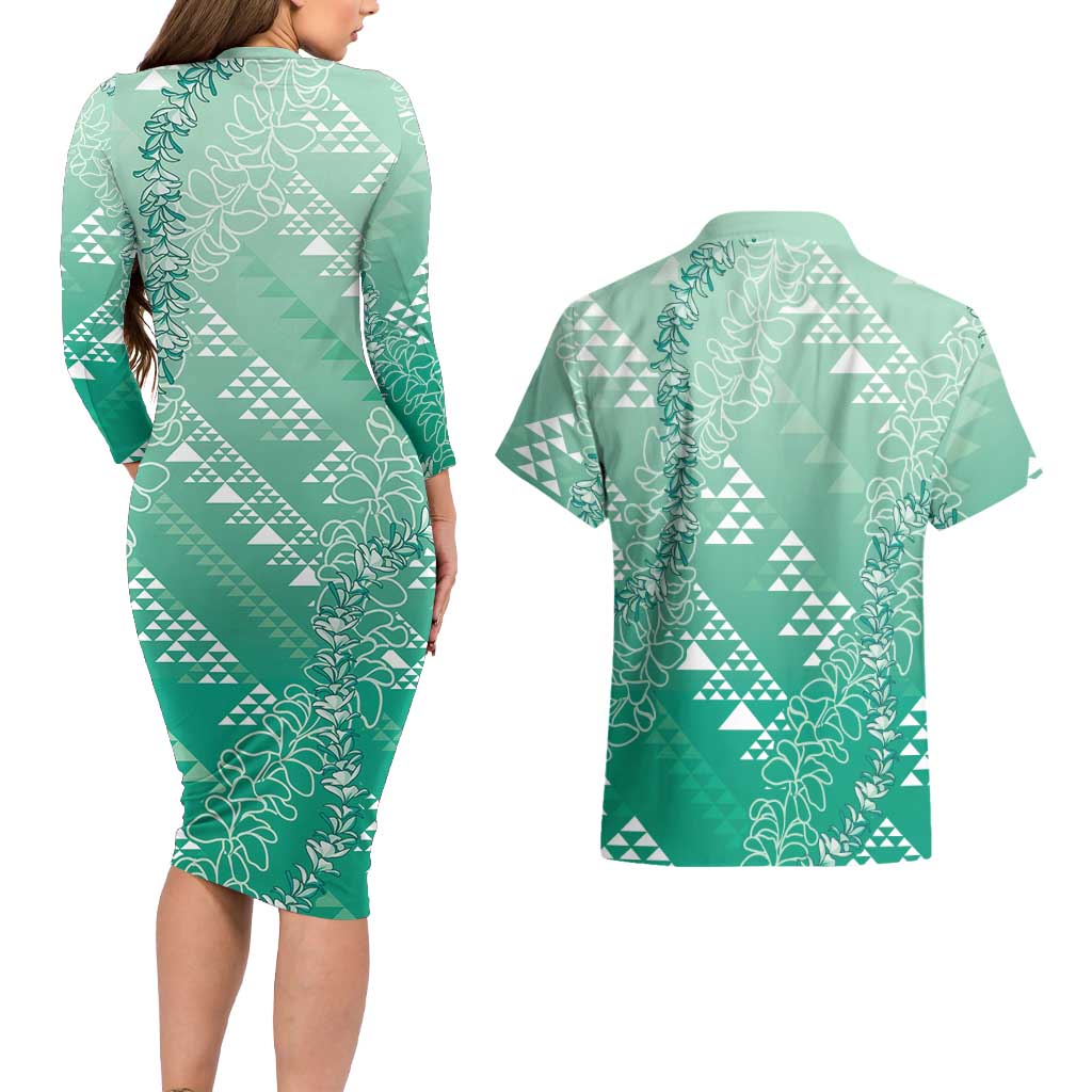 Hawaii Jade Green Kapa Couples Matching Long Sleeve Bodycon Dress and Hawaiian Shirt Vintage 'Ohe Kāpala Motifs Mix Plumeria Leis
