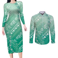 Hawaii Jade Green Kapa Couples Matching Long Sleeve Bodycon Dress and Long Sleeve Button Shirt Vintage 'Ohe Kāpala Motifs Mix Plumeria Leis