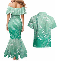 Hawaii Jade Green Kapa Couples Matching Mermaid Dress and Hawaiian Shirt Vintage 'Ohe Kāpala Motifs Mix Plumeria Leis