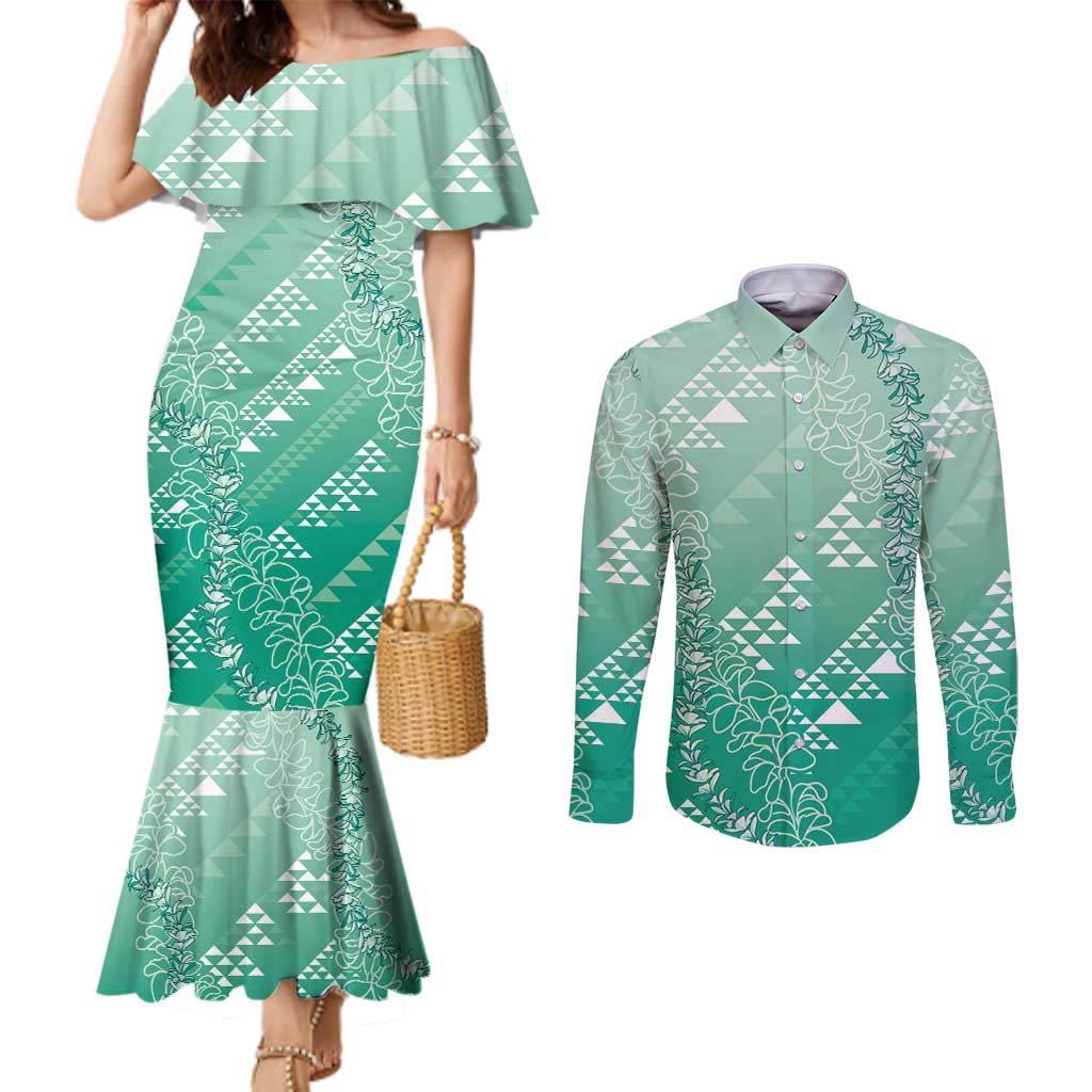 Hawaii Jade Green Kapa Couples Matching Mermaid Dress and Long Sleeve Button Shirt Vintage 'Ohe Kāpala Motifs Mix Plumeria Leis LT7 Jade Green - Polynesian Pride