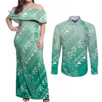 Hawaii Jade Green Kapa Couples Matching Off Shoulder Maxi Dress and Long Sleeve Button Shirt Vintage 'Ohe Kāpala Motifs Mix Plumeria Leis
