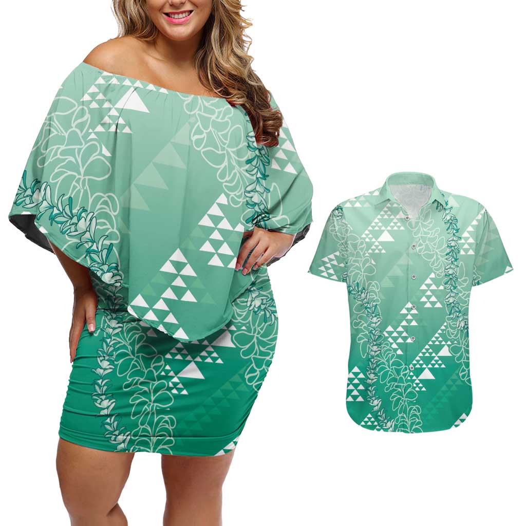 Hawaii Jade Green Kapa Couples Matching Off Shoulder Short Dress and Hawaiian Shirt Vintage 'Ohe Kāpala Motifs Mix Plumeria Leis LT7 Jade Green - Polynesian Pride