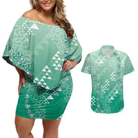 Hawaii Jade Green Kapa Couples Matching Off Shoulder Short Dress and Hawaiian Shirt Vintage 'Ohe Kāpala Motifs Mix Plumeria Leis