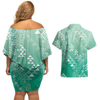 Hawaii Jade Green Kapa Couples Matching Off Shoulder Short Dress and Hawaiian Shirt Vintage 'Ohe Kāpala Motifs Mix Plumeria Leis