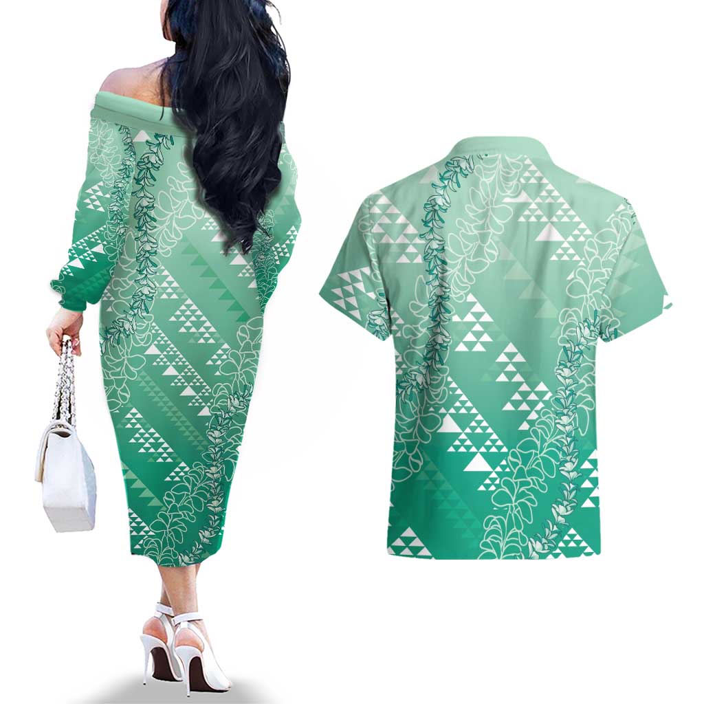 Hawaii Jade Green Kapa Couples Matching Off The Shoulder Long Sleeve Dress and Hawaiian Shirt Vintage 'Ohe Kāpala Motifs Mix Plumeria Leis