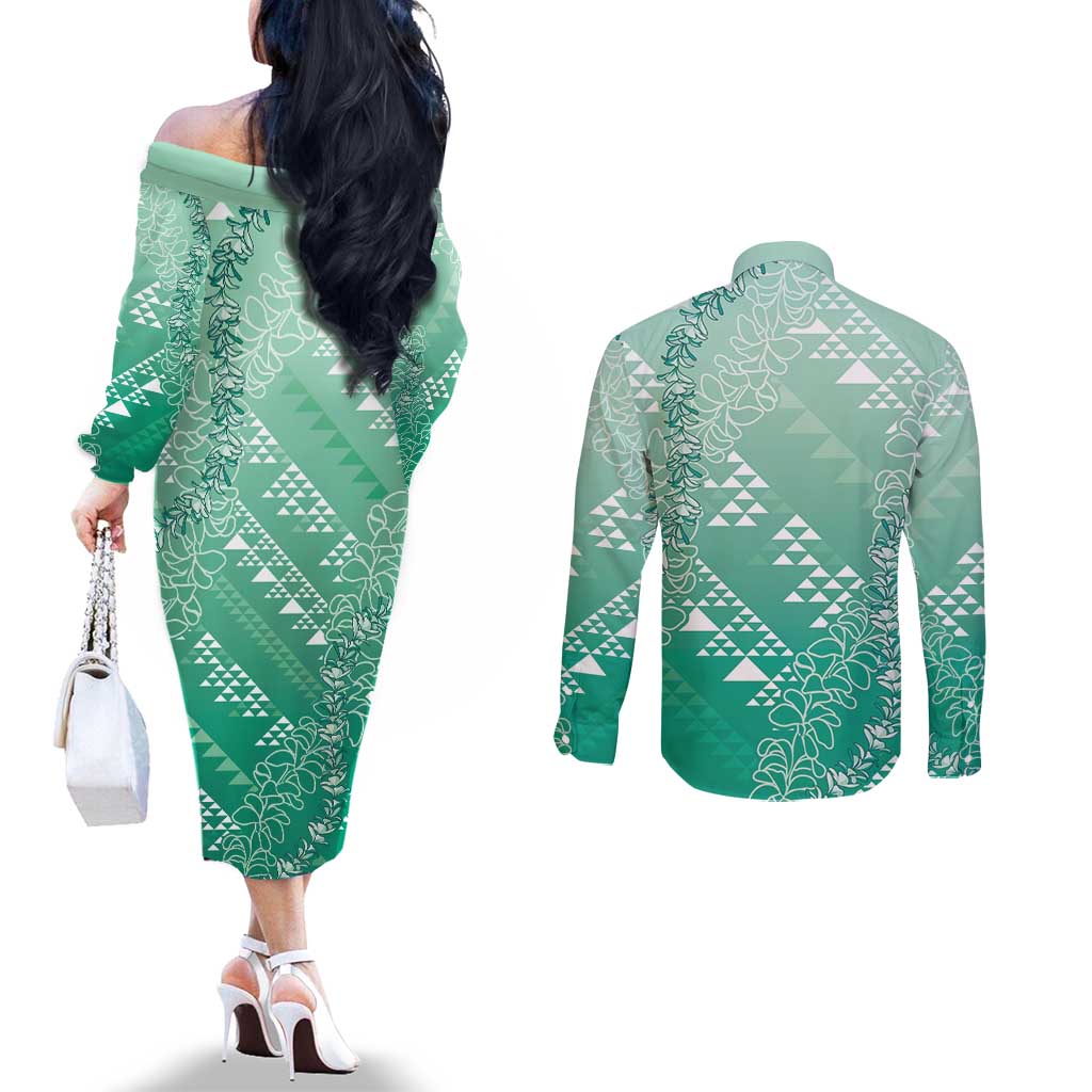 Hawaii Jade Green Kapa Couples Matching Off The Shoulder Long Sleeve Dress and Long Sleeve Button Shirt Vintage 'Ohe Kāpala Motifs Mix Plumeria Leis
