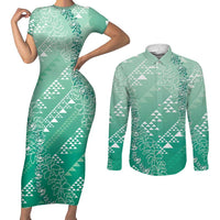 Hawaii Jade Green Kapa Couples Matching Short Sleeve Bodycon Dress and Long Sleeve Button Shirt Vintage 'Ohe Kāpala Motifs Mix Plumeria Leis