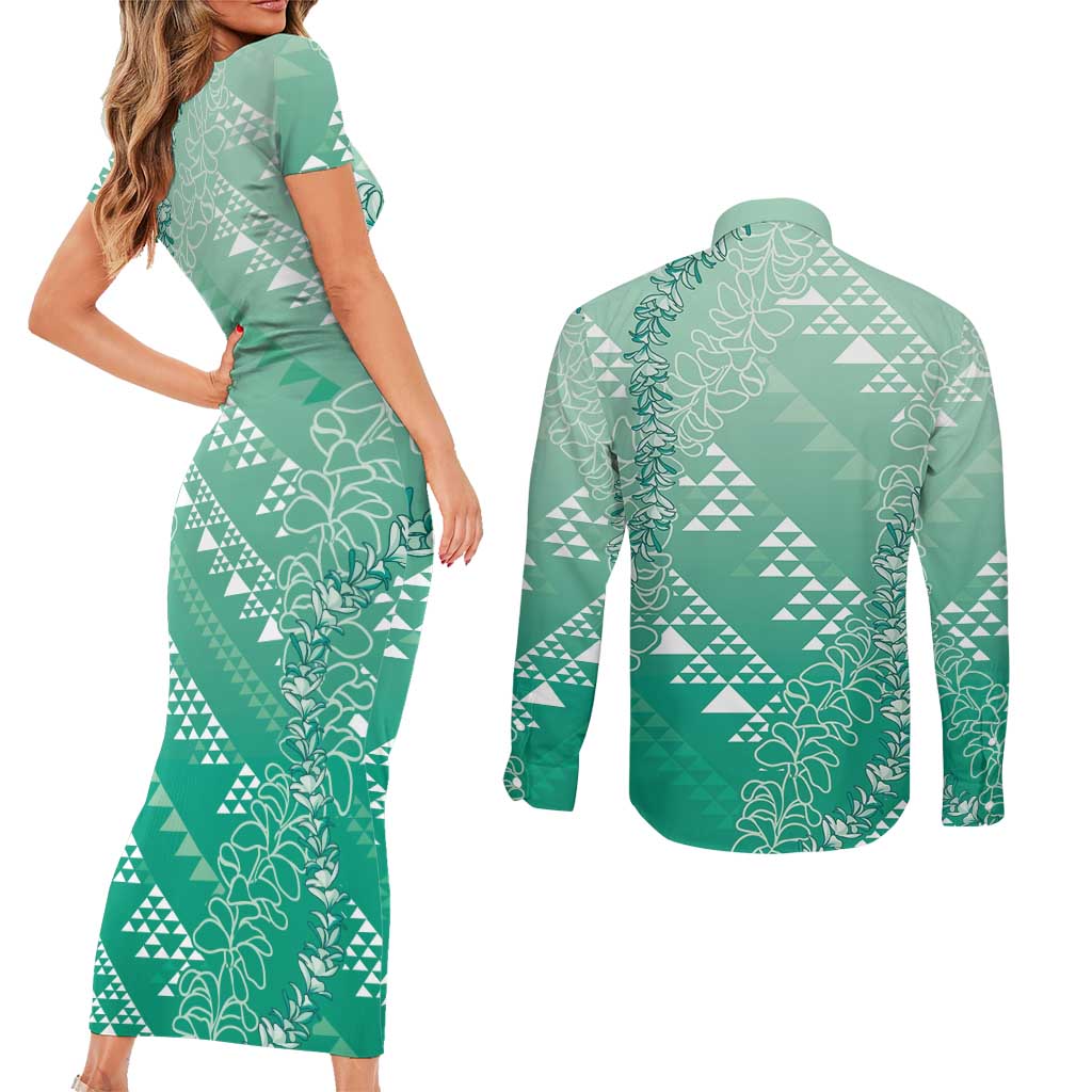 Hawaii Jade Green Kapa Couples Matching Short Sleeve Bodycon Dress and Long Sleeve Button Shirt Vintage 'Ohe Kāpala Motifs Mix Plumeria Leis