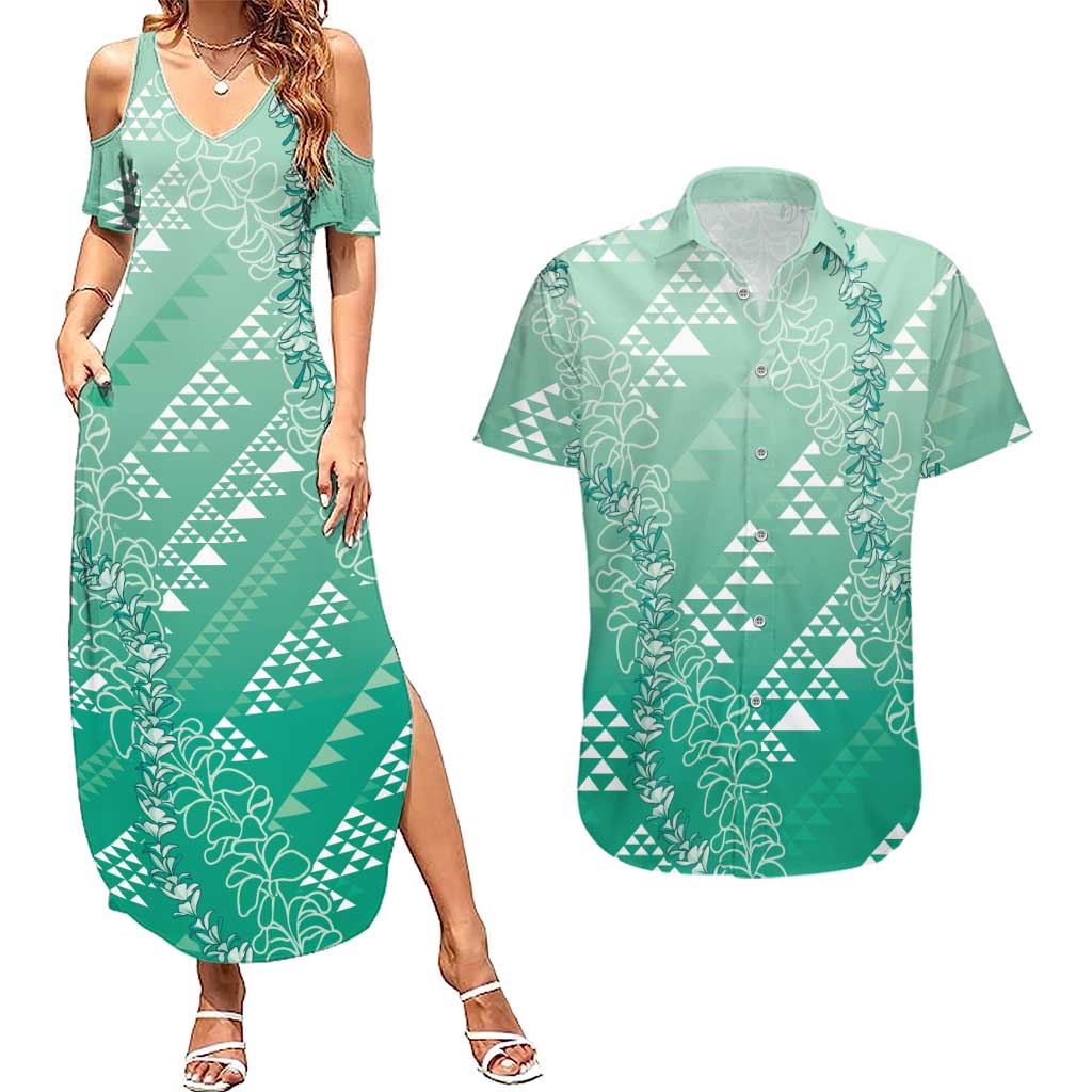 Hawaii Jade Green Kapa Couples Matching Summer Maxi Dress and Hawaiian Shirt Vintage 'Ohe Kāpala Motifs Mix Plumeria Leis