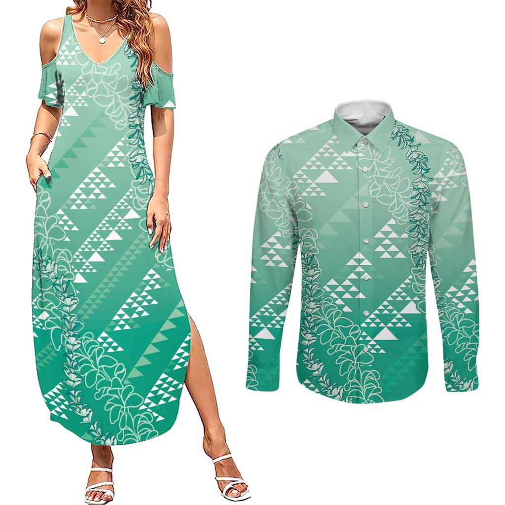Hawaii Jade Green Kapa Couples Matching Summer Maxi Dress and Long Sleeve Button Shirt Vintage 'Ohe Kāpala Motifs Mix Plumeria Leis LT7 Jade Green - Polynesian Pride
