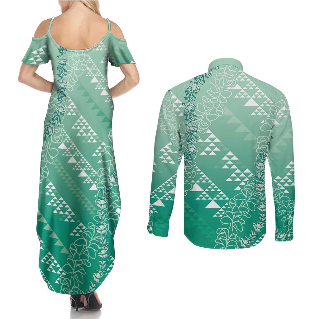 Hawaii Jade Green Kapa Couples Matching Summer Maxi Dress and Long Sleeve Button Shirt Vintage 'Ohe Kāpala Motifs Mix Plumeria Leis