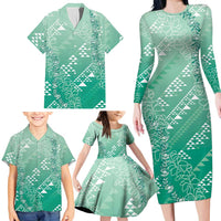 Hawaii Jade Green Kapa Family Matching Long Sleeve Bodycon Dress and Hawaiian Shirt Vintage 'Ohe Kāpala Motifs Mix Plumeria Leis