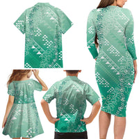 Hawaii Jade Green Kapa Family Matching Long Sleeve Bodycon Dress and Hawaiian Shirt Vintage 'Ohe Kāpala Motifs Mix Plumeria Leis