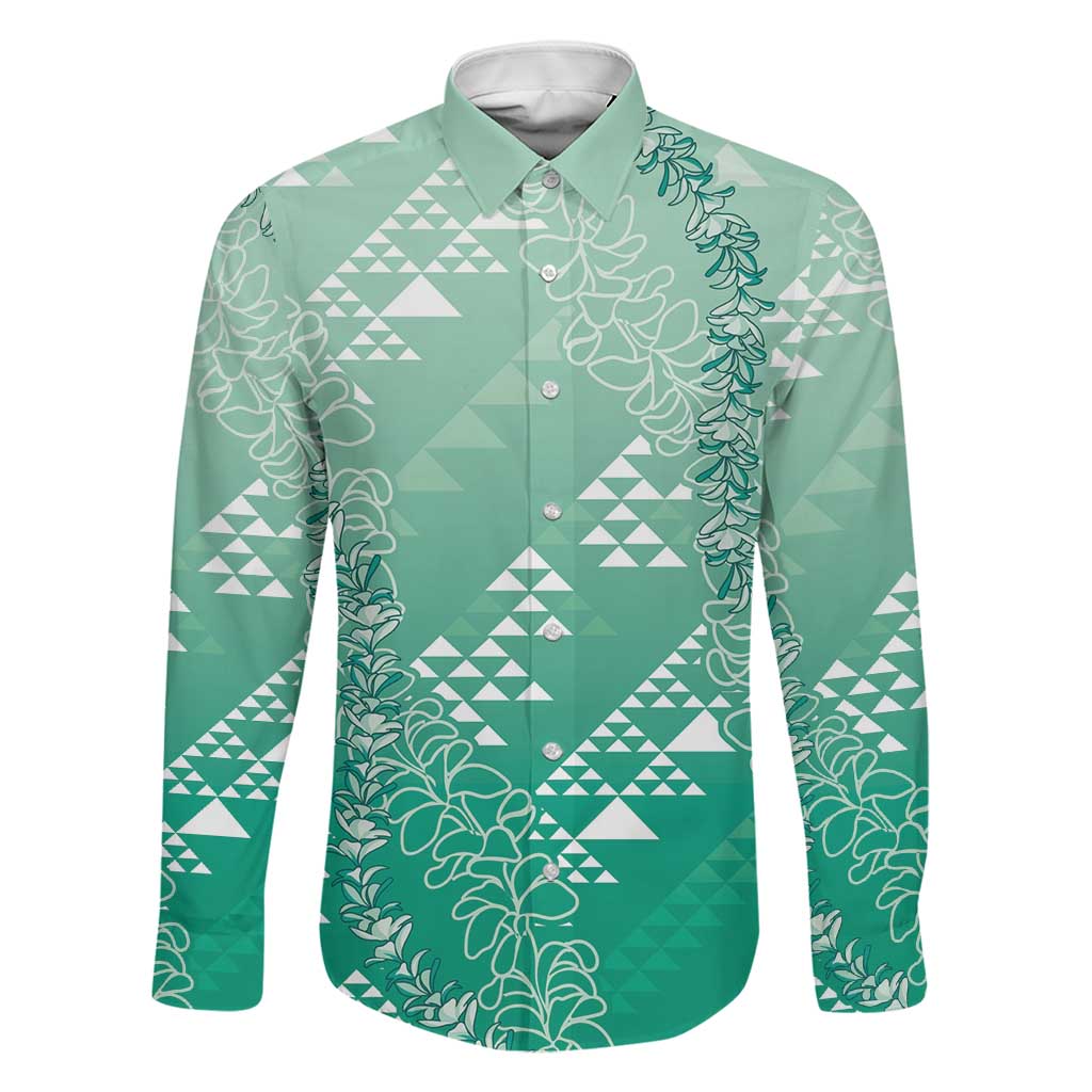 Hawaii Jade Green Kapa Family Matching Long Sleeve Bodycon Dress and Hawaiian Shirt Vintage 'Ohe Kāpala Motifs Mix Plumeria Leis