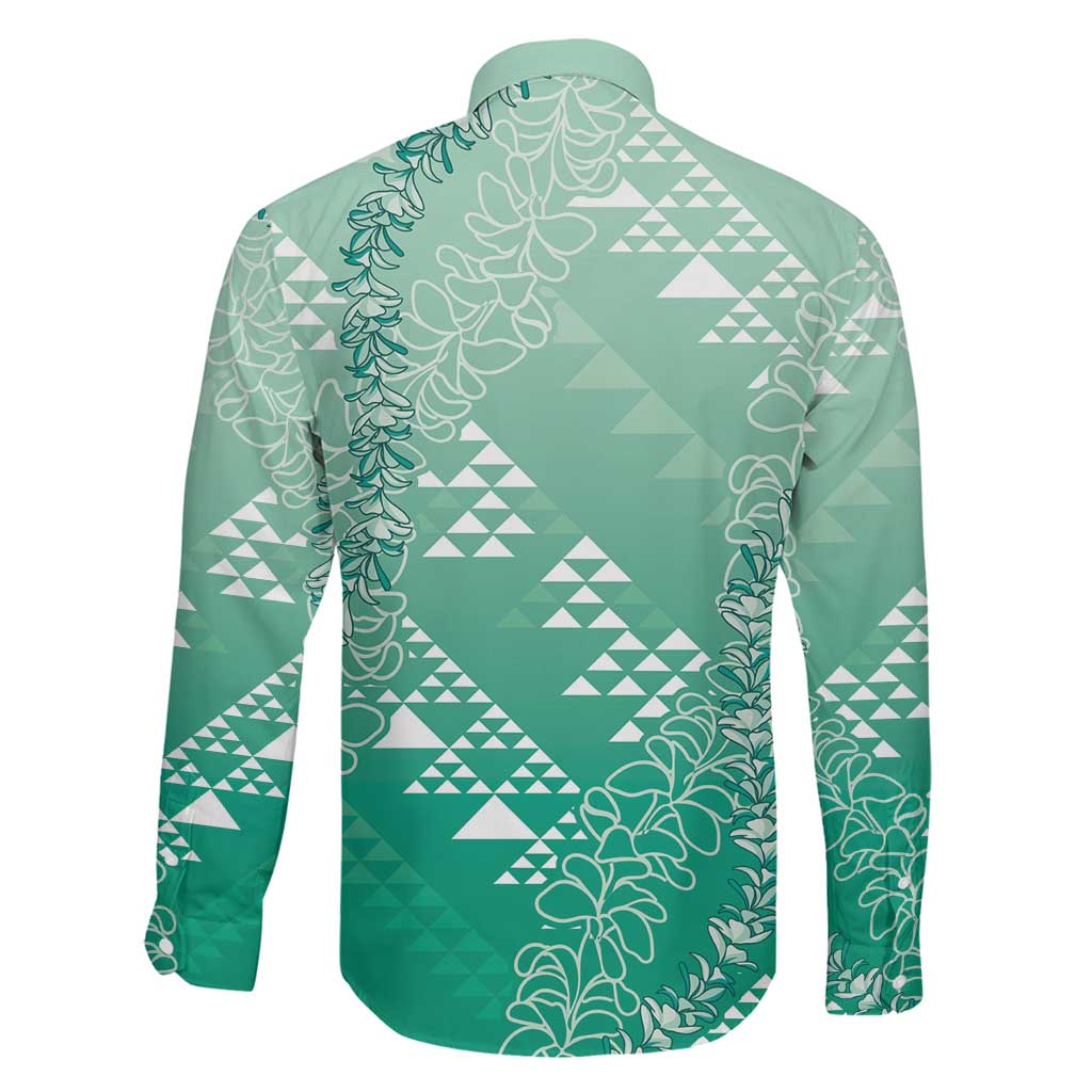 Hawaii Jade Green Kapa Family Matching Long Sleeve Bodycon Dress and Hawaiian Shirt Vintage 'Ohe Kāpala Motifs Mix Plumeria Leis
