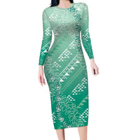 Hawaii Jade Green Kapa Family Matching Long Sleeve Bodycon Dress and Hawaiian Shirt Vintage 'Ohe Kāpala Motifs Mix Plumeria Leis