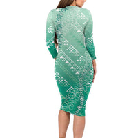 Hawaii Jade Green Kapa Family Matching Long Sleeve Bodycon Dress and Hawaiian Shirt Vintage 'Ohe Kāpala Motifs Mix Plumeria Leis