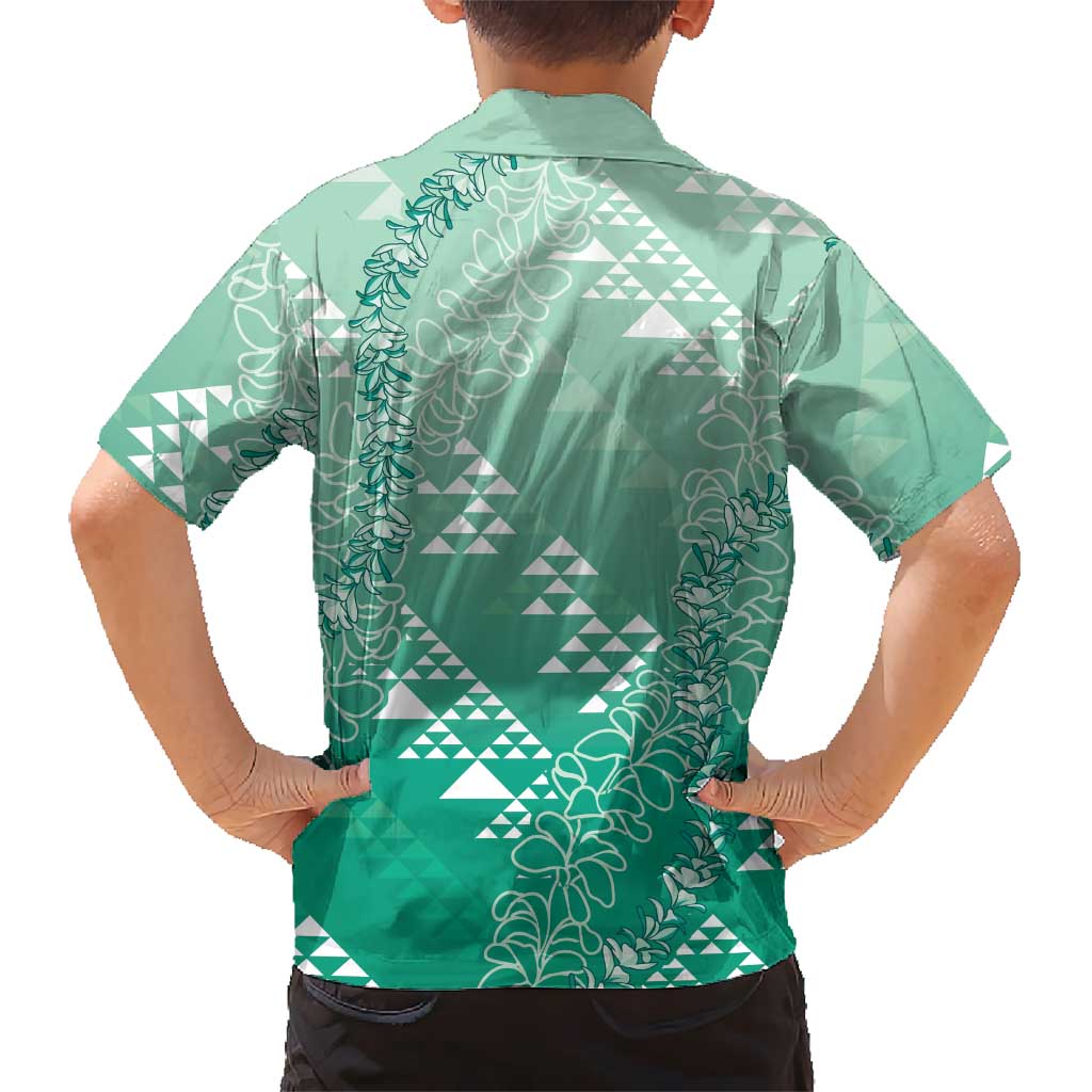 Hawaii Jade Green Kapa Family Matching Mermaid Dress and Hawaiian Shirt Vintage 'Ohe Kāpala Motifs Mix Plumeria Leis
