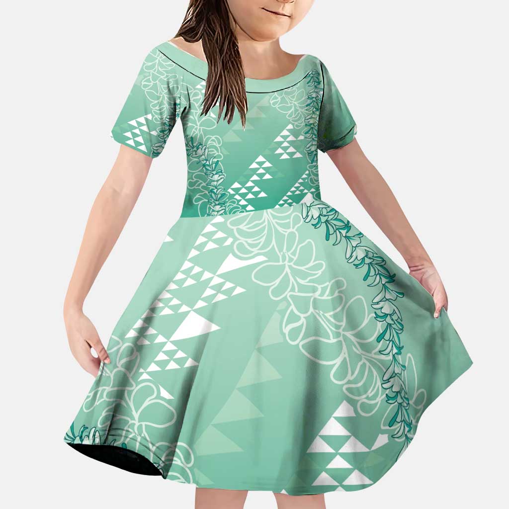 Hawaii Jade Green Kapa Family Matching Mermaid Dress and Hawaiian Shirt Vintage 'Ohe Kāpala Motifs Mix Plumeria Leis