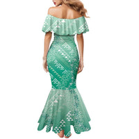 Hawaii Jade Green Kapa Family Matching Mermaid Dress and Hawaiian Shirt Vintage 'Ohe Kāpala Motifs Mix Plumeria Leis